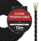 A coiled black twisted fabric cable with a circular product label reading '3 CORE TWISTED CABLE' and '10m CABLE LENGTH.' A separate section on the right shows the cable cut open, revealing three internal wires in copper, blue, and green.