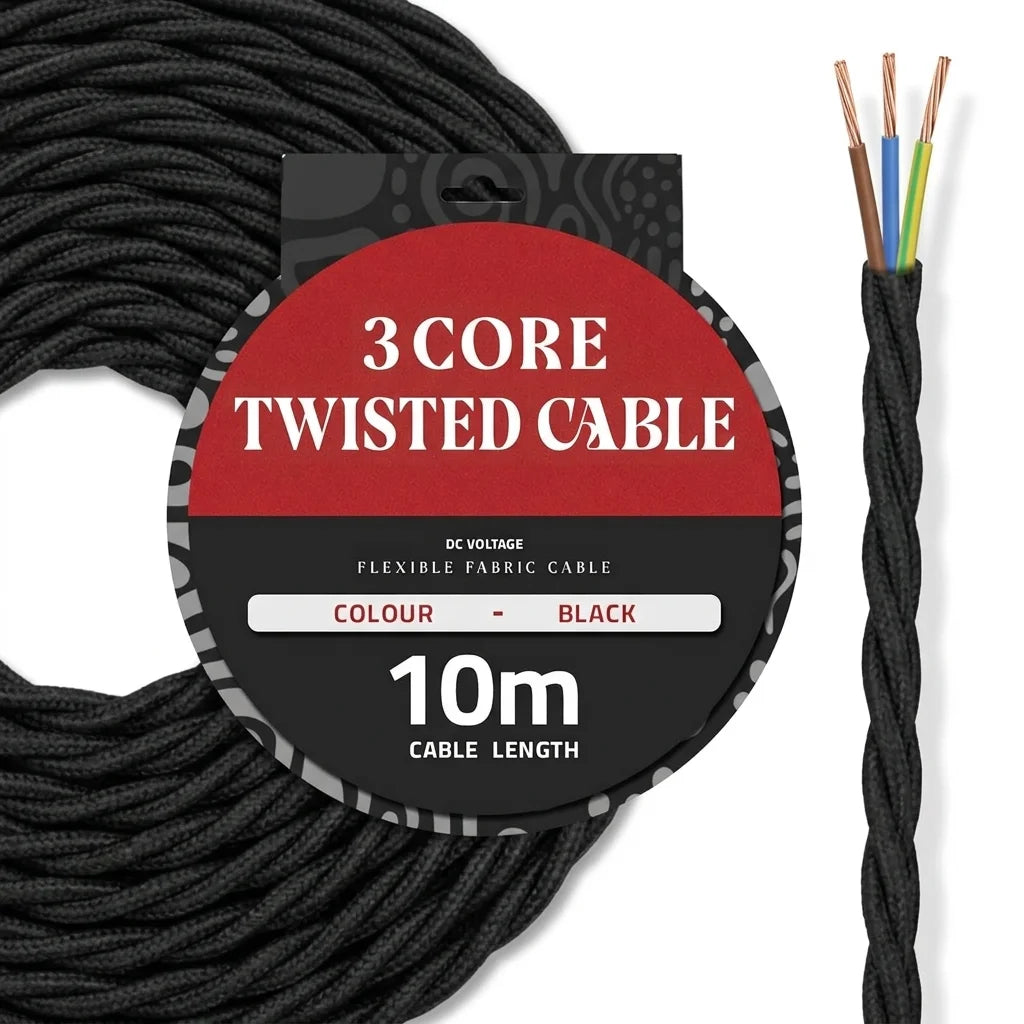 A coiled black twisted fabric cable with a circular product label reading '3 CORE TWISTED CABLE' and '10m CABLE LENGTH.' A separate section on the right shows the cable cut open, revealing three internal wires in copper, blue, and green.