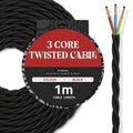 A spool of black twisted 3-core cable with a red and black label, shown next to a close-up of the exposed inner wires on a white background.
