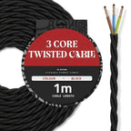 A spool of black twisted 3-core cable with a red and black label, shown next to a close-up of the exposed inner wires on a white background.