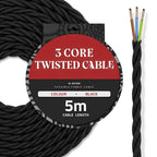 A coiled black twisted cable with a circular product label reading '3 CORE TWISTED CABLE' and '5m CABLE LENGTH.' One end of the cable is shown uncoiled on the right, revealing three wire colors: brown, blue, and green.