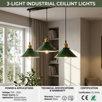 Three-light industrial ceiling pendant lights with green glass shades and brass fixtures, shown hanging in a modern room. The image includes text overlays detailing product features, specifications, and certifications.
