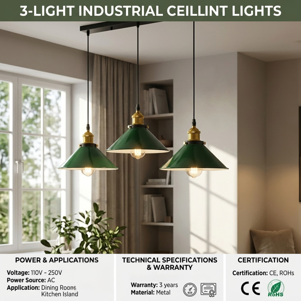 Three-light industrial ceiling pendant lights with green glass shades and brass fixtures, shown hanging in a modern room. The image includes text overlays detailing product features, specifications, and certifications.