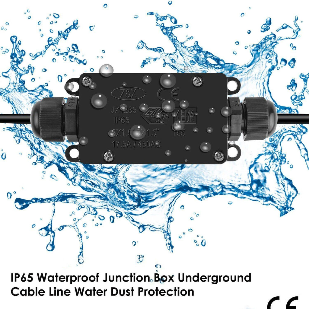 IP65 waterproof junction box with water splashes on a white background