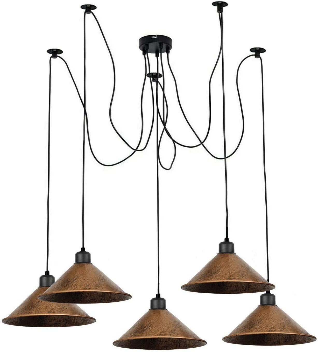 Industrial 5-head spider pendant light, brushed copper shades