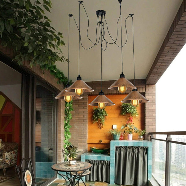 Industrial 5-Head Spider Pendant Light – Brushed Copper Shades ~1091