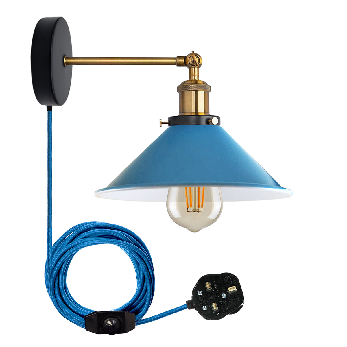 Industrial Plug-in Wall Light | Adjustable Brass Arm & Dimmer E27 ~1204