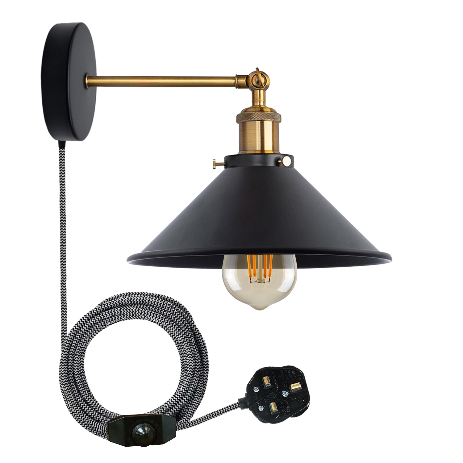 Industrial Plug-in Wall Light | Adjustable Brass Arm & Dimmer E27 ~1204