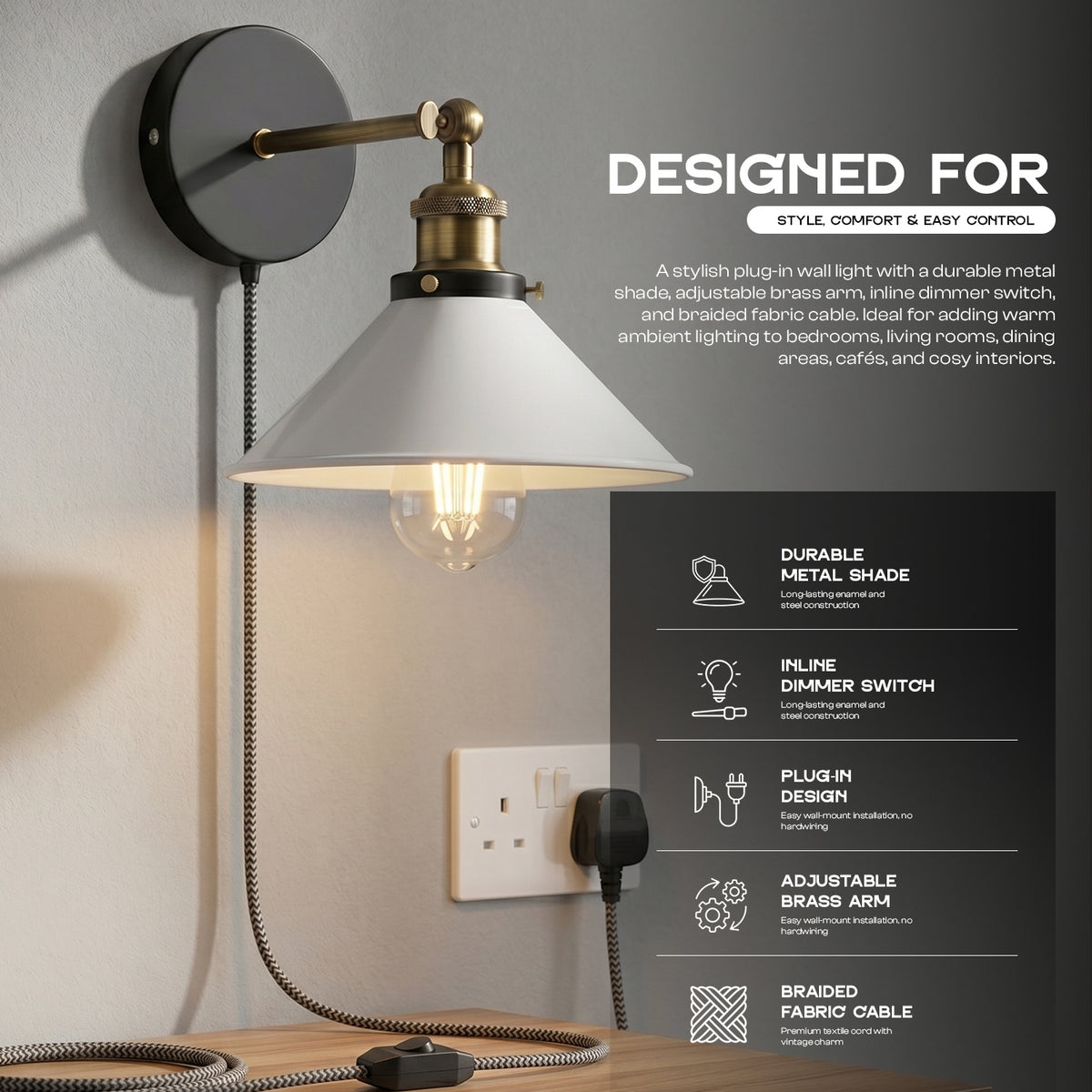 Industrial Plug-in Wall Light | Adjustable Brass Arm & Dimmer E27 ~1204