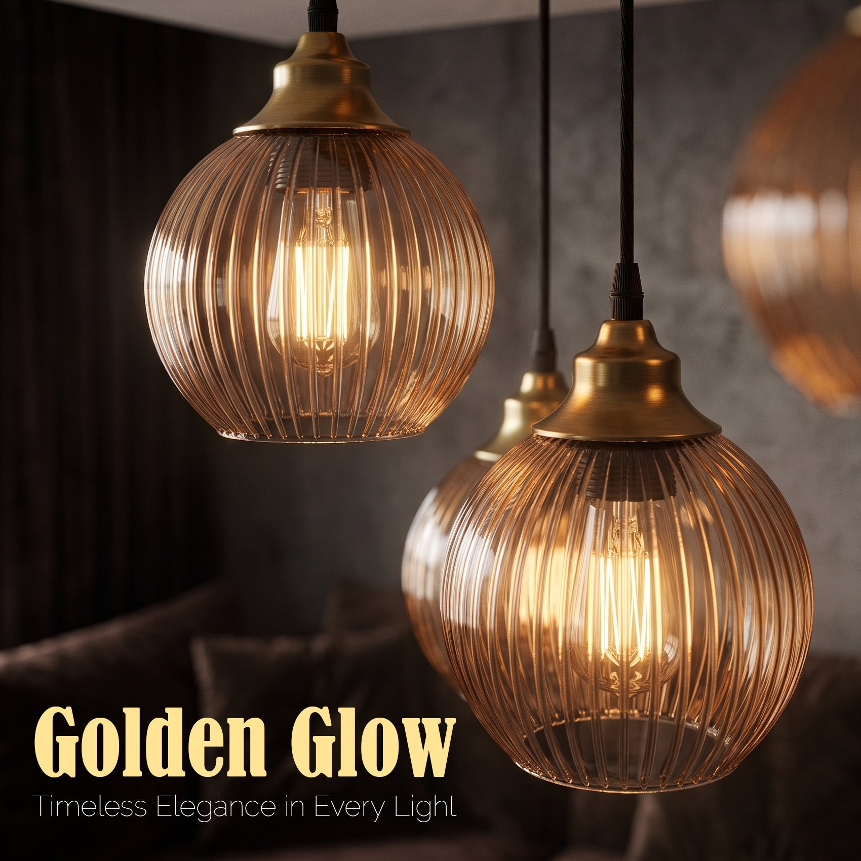 Two hanging pendant lights with ribbed clear glass shades and warm brass-toned tops, shown in a dimly lit interior. Text at the bottom reads 'Golden Glow' and 'Timeless Elegance in Every Light.