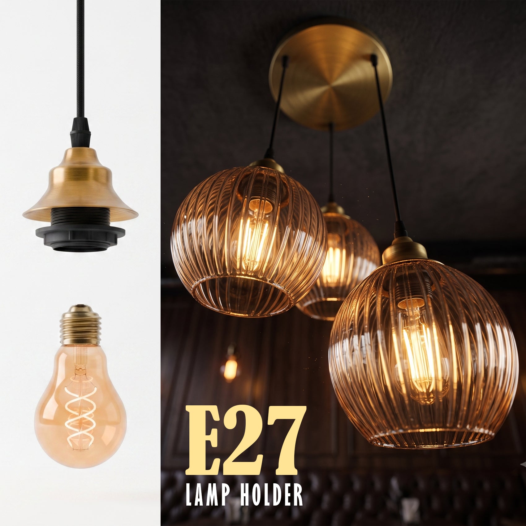 Industrial-style pendant lamp holder with a ribbed amber glass globe shade and brass-toned metal canopy, shown both isolated on a white background and installed in a dim interior. Text on the image reads 'E27 LAMP HOLDER'.