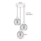 A black-and-white line drawing of a three-light pendant chandelier with red dimension arrows and labels showing 20 cm canopy width, adjustable max 95 cm overall, and 17 cm bulb-to-bulb spacing.