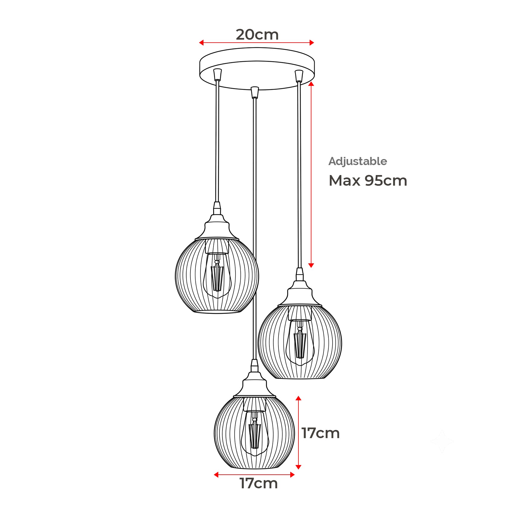 A black-and-white line drawing of a three-light pendant chandelier with red dimension arrows and labels showing 20 cm canopy width, adjustable max 95 cm overall, and 17 cm bulb-to-bulb spacing.