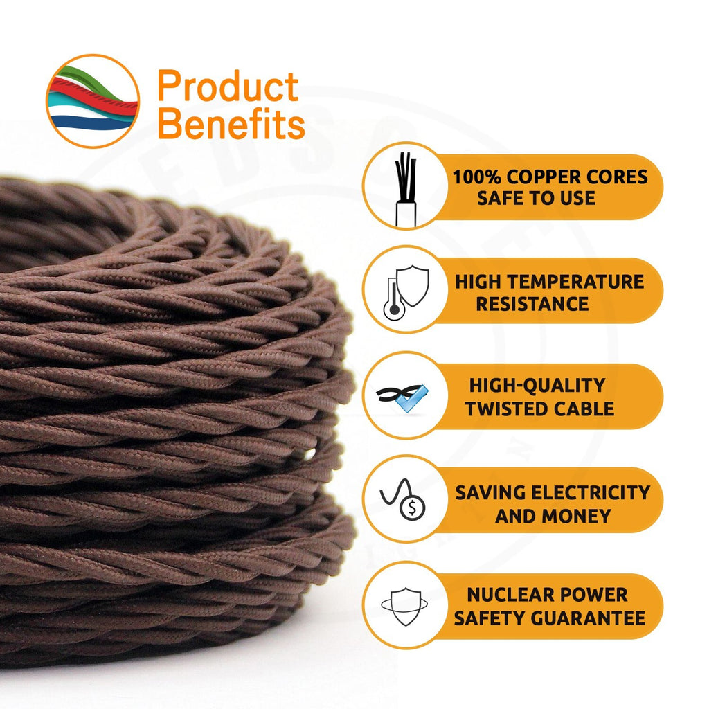 3 Core Twisted Vintage Fabric Braided Electric Brown Cable