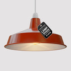Orange pendant lamp with a tag indicating 'Lamp Shade' on a light background