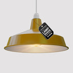 Yellow pendant lamp with a tag indicating it's an easy-fit lamp shade on a light gray background