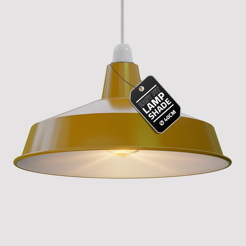 Yellow pendant lamp with a tag indicating it's an easy-fit lamp shade on a light gray background