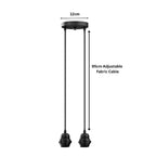 A black hanging pendant light fixture with a circular ceiling canopy, two long adjustable fabric cords, and two socket ends, dimension 12cm and 95cm adjustable fabric cable.