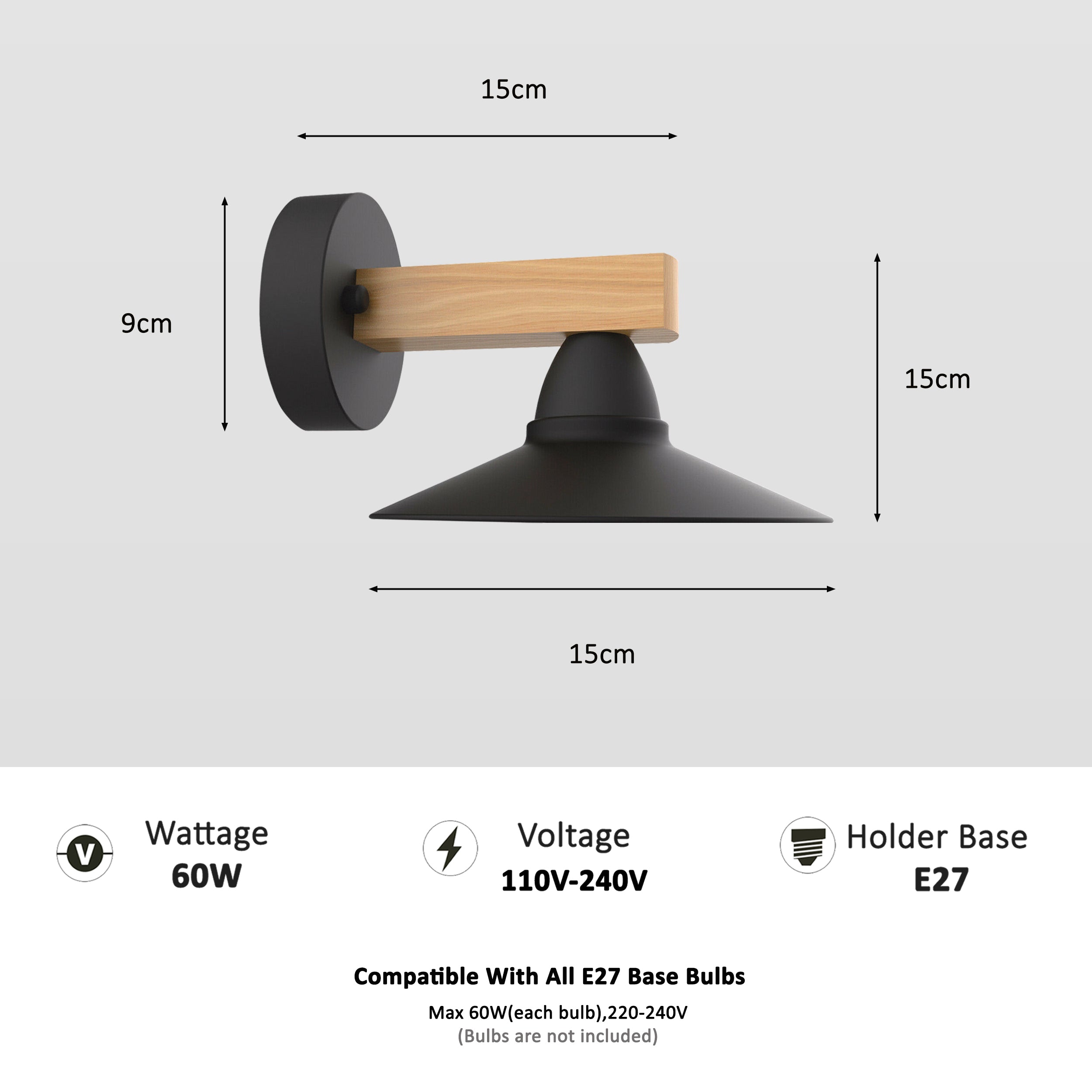 Modern Vintage Wood Arm Wall Sconce – Black Metal E27 ~1075