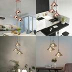Collage of pendant lights in various settings including a kitchen and dining area.