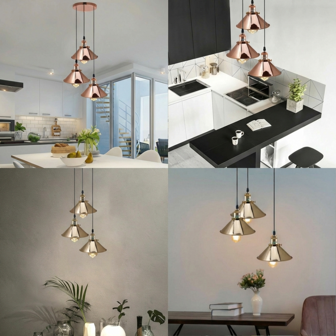 Collage of pendant lights in various settings including a kitchen and dining area.