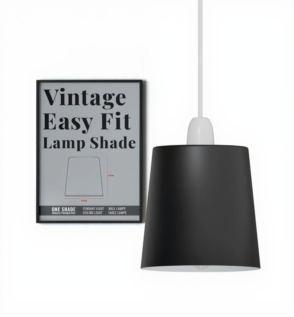 Black lampshade with a vintage easy fit lamp shade poster on a white background