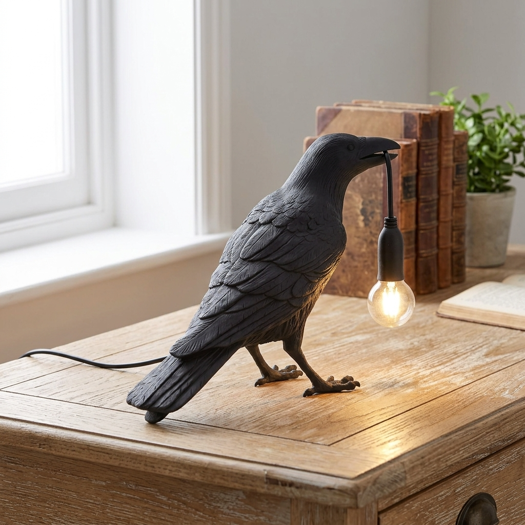 Black bird-shaped lamp with a light bulb on a wooden surface