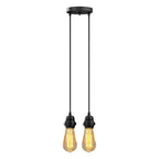 A two-light industrial pendant ceiling fixture with a matte black canopy, dual hanging cords, and two exposed Edison-style bulbs,