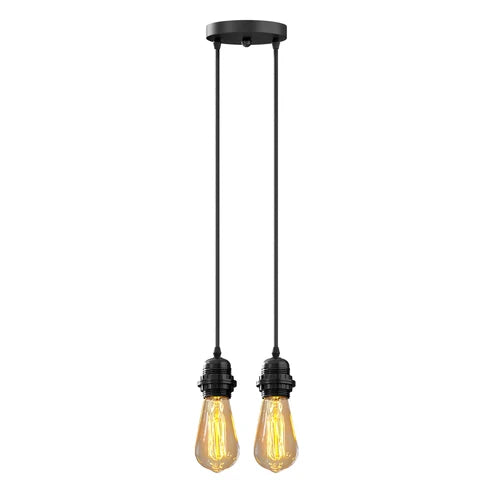 A two-light industrial pendant ceiling fixture with a matte black canopy, dual hanging cords, and two exposed Edison-style bulbs,