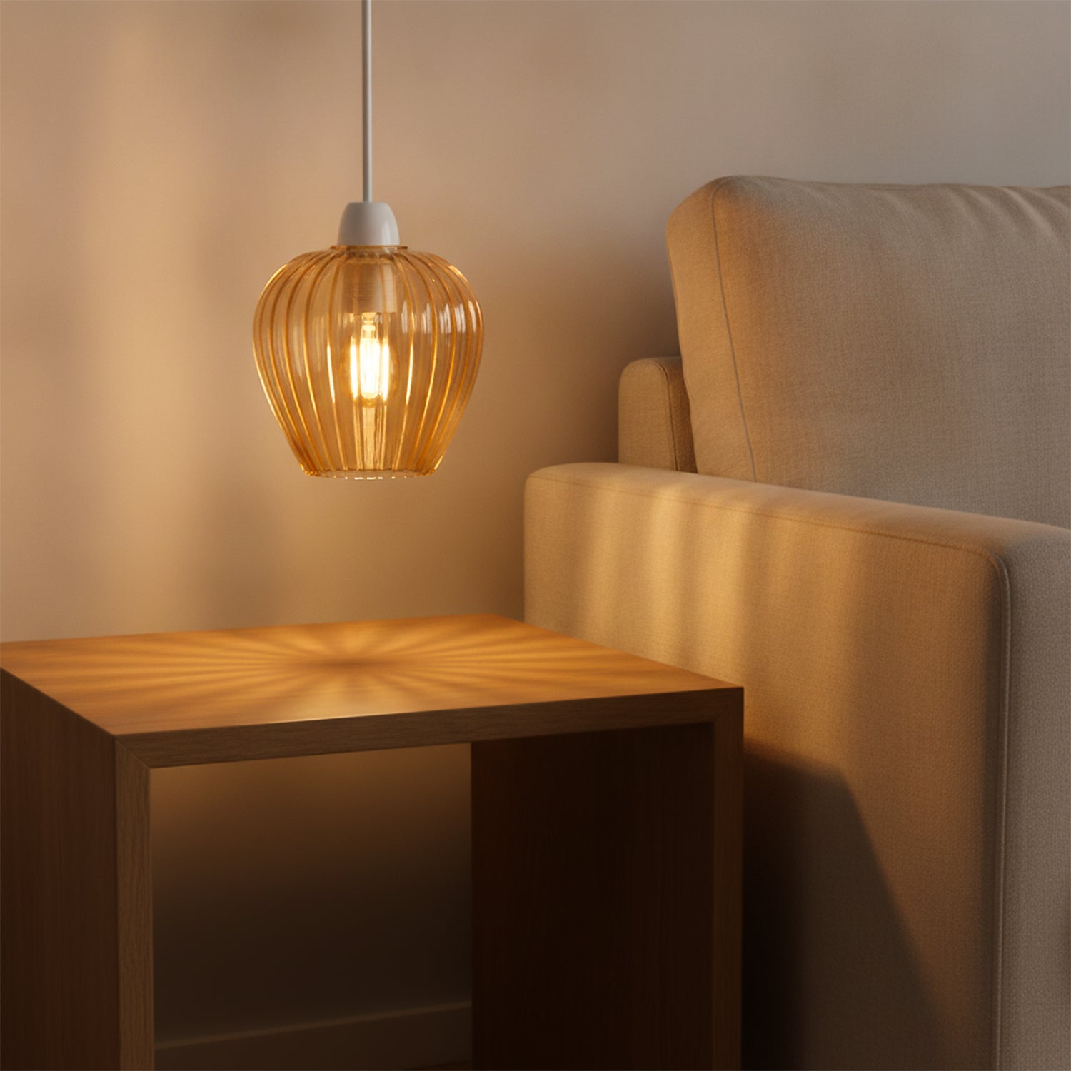 Amber Gold Glass Easy Fit Pendant Shade with Ridged Fluted Lines 15cm ~1200