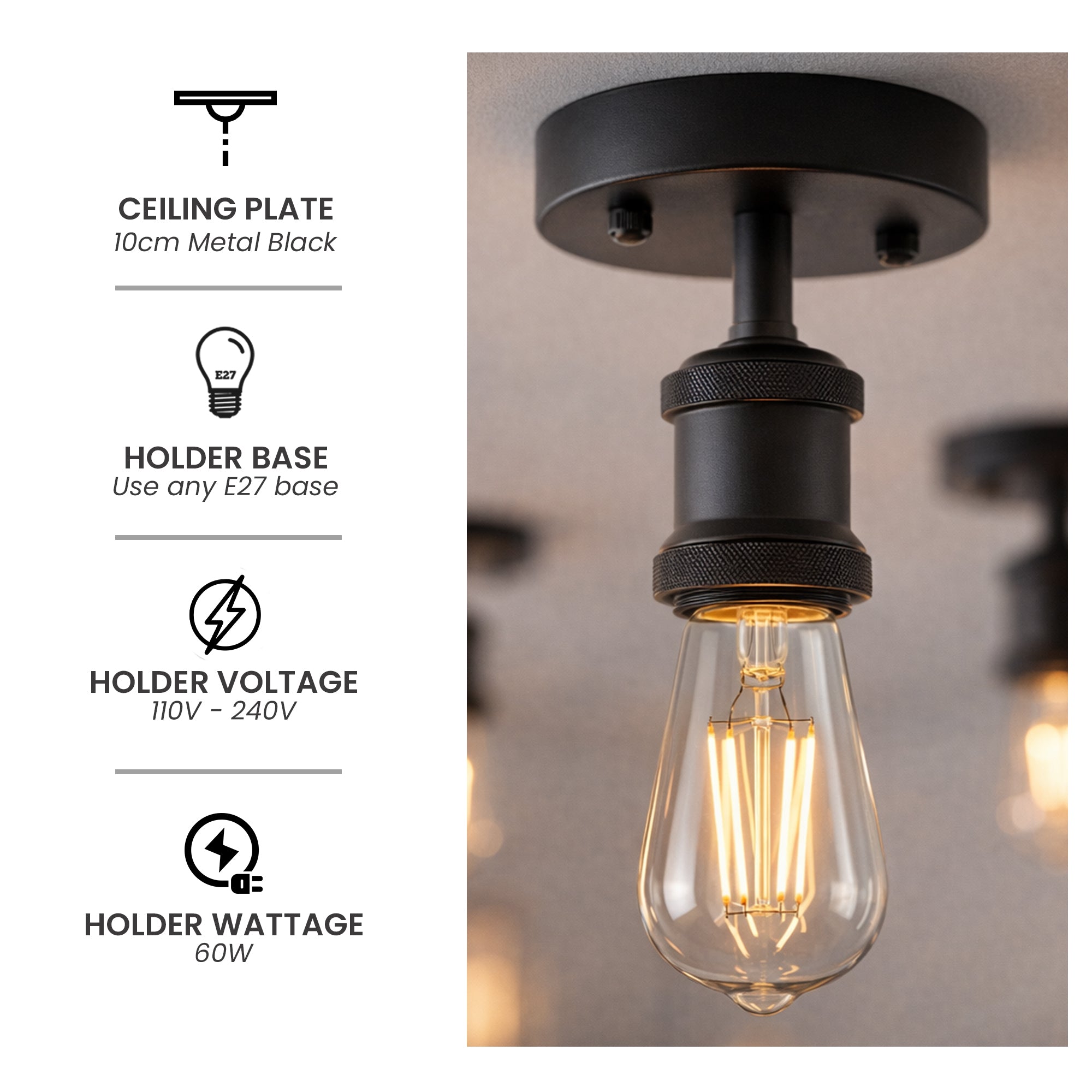 Vintage Black Ceiling Light | Retro E27 Flush Mount Holder ~1026