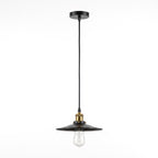 A modern pendant light fixture with a black metal shade and canopy, suspended by a black cord from a brass-colored socket, featuring a clear glass bulb.