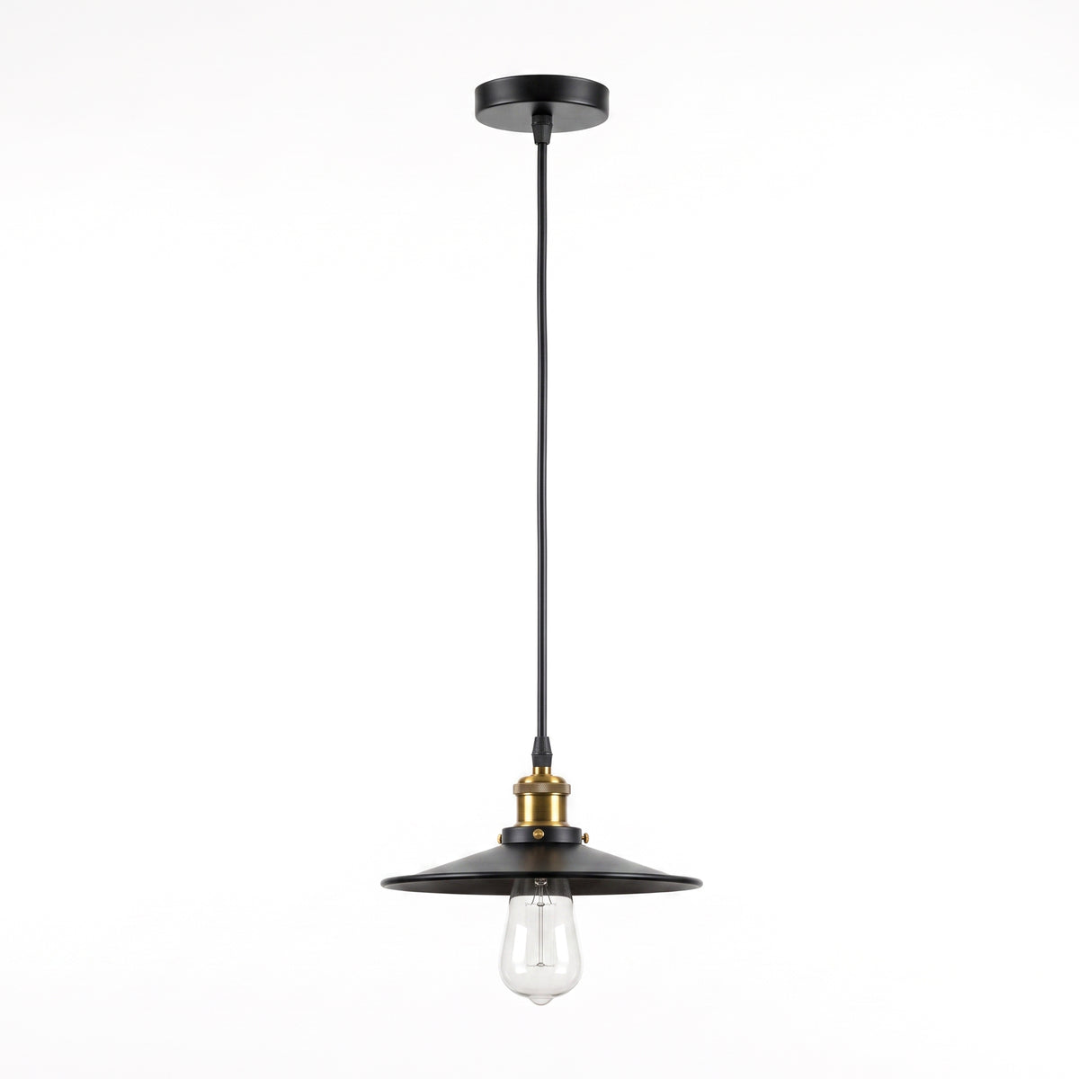 A modern pendant light fixture with a black metal shade and canopy, suspended by a black cord from a brass-colored socket, featuring a clear glass bulb.
