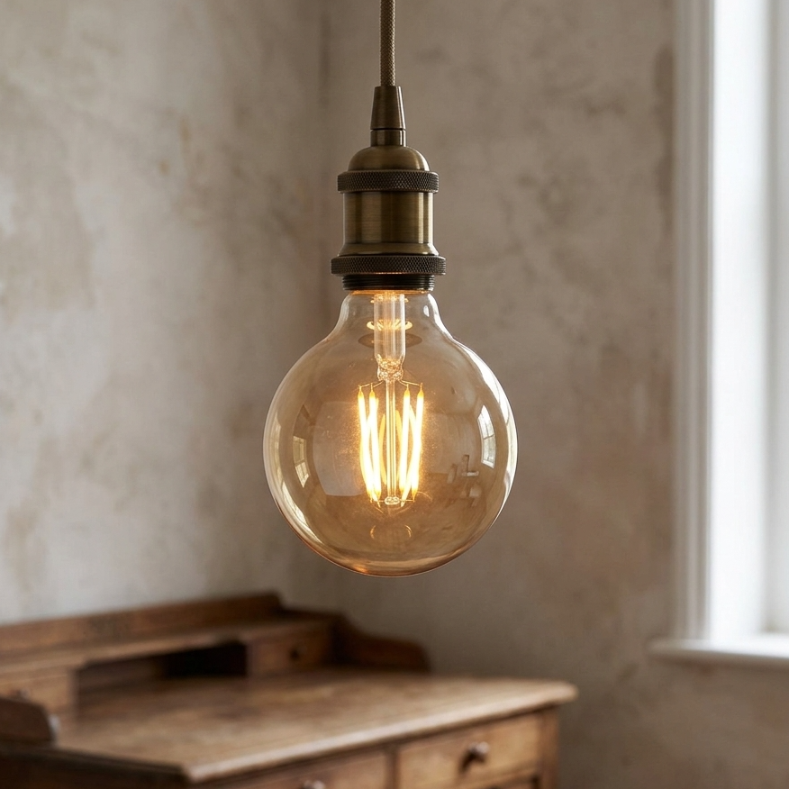 Vintage-style light bulb hanging in a room with a wooden desk and window.