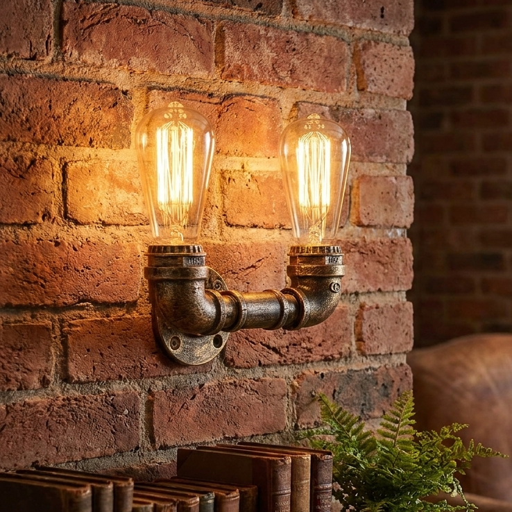 Decorative wall sconce with vintage books and a plant on a wooden shelf against a brick wall.
