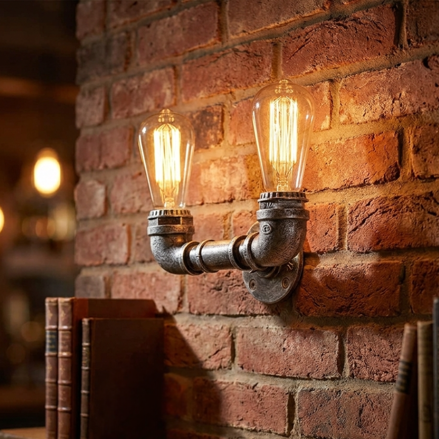 Two vintage-style light bulbs mounted on a brick wall with books below.