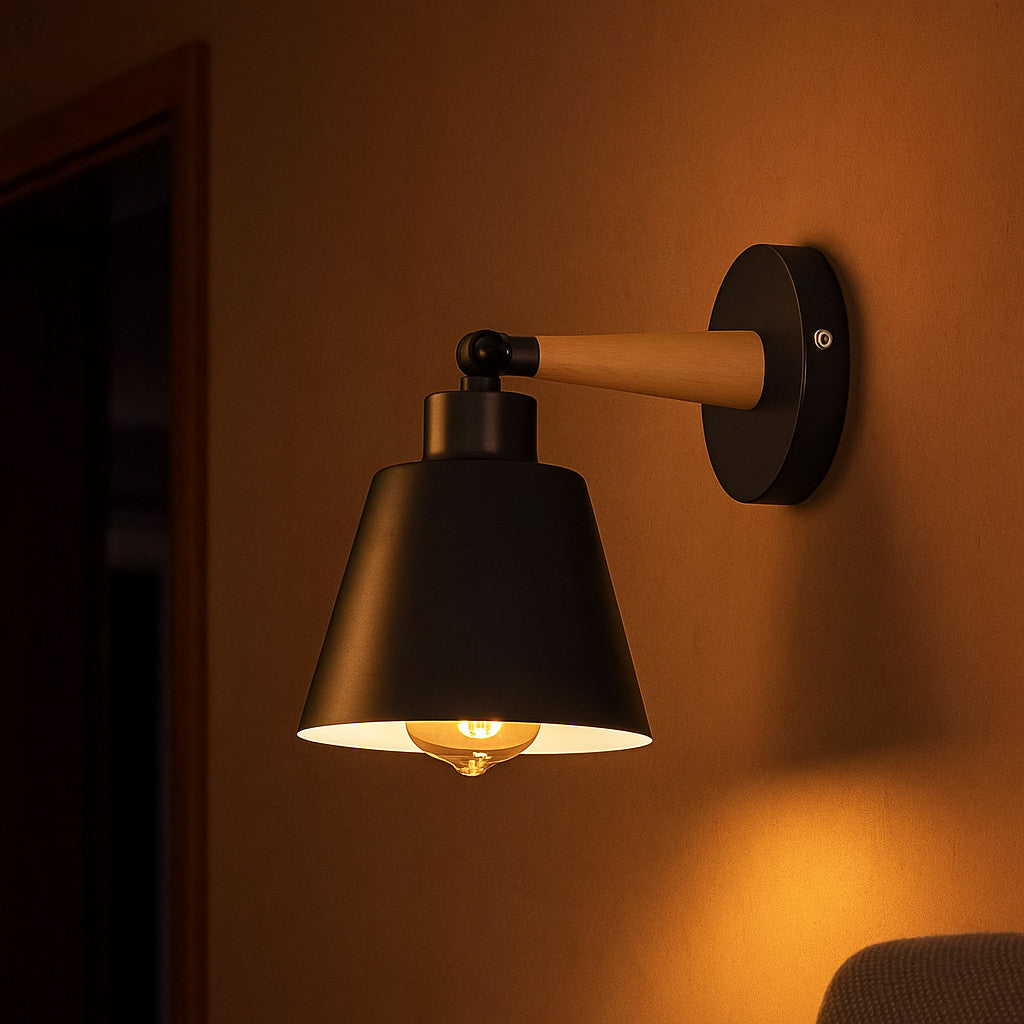 12cm Black Adjustable Wall Sconce E27 LED – Wooden Accent Light UK ~1124