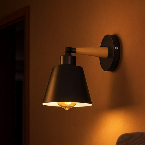 12cm Black Adjustable Wall Sconce E27 LED – Wooden Accent Light UK ~1124