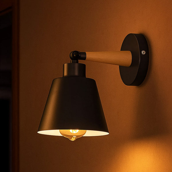 12cm Black Adjustable Wall Sconce with wooden accent, hardwired E27
