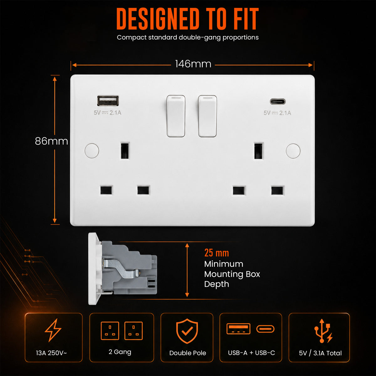 13A 2 Gang Switched Double Pole USB Socket, Type A+C 
