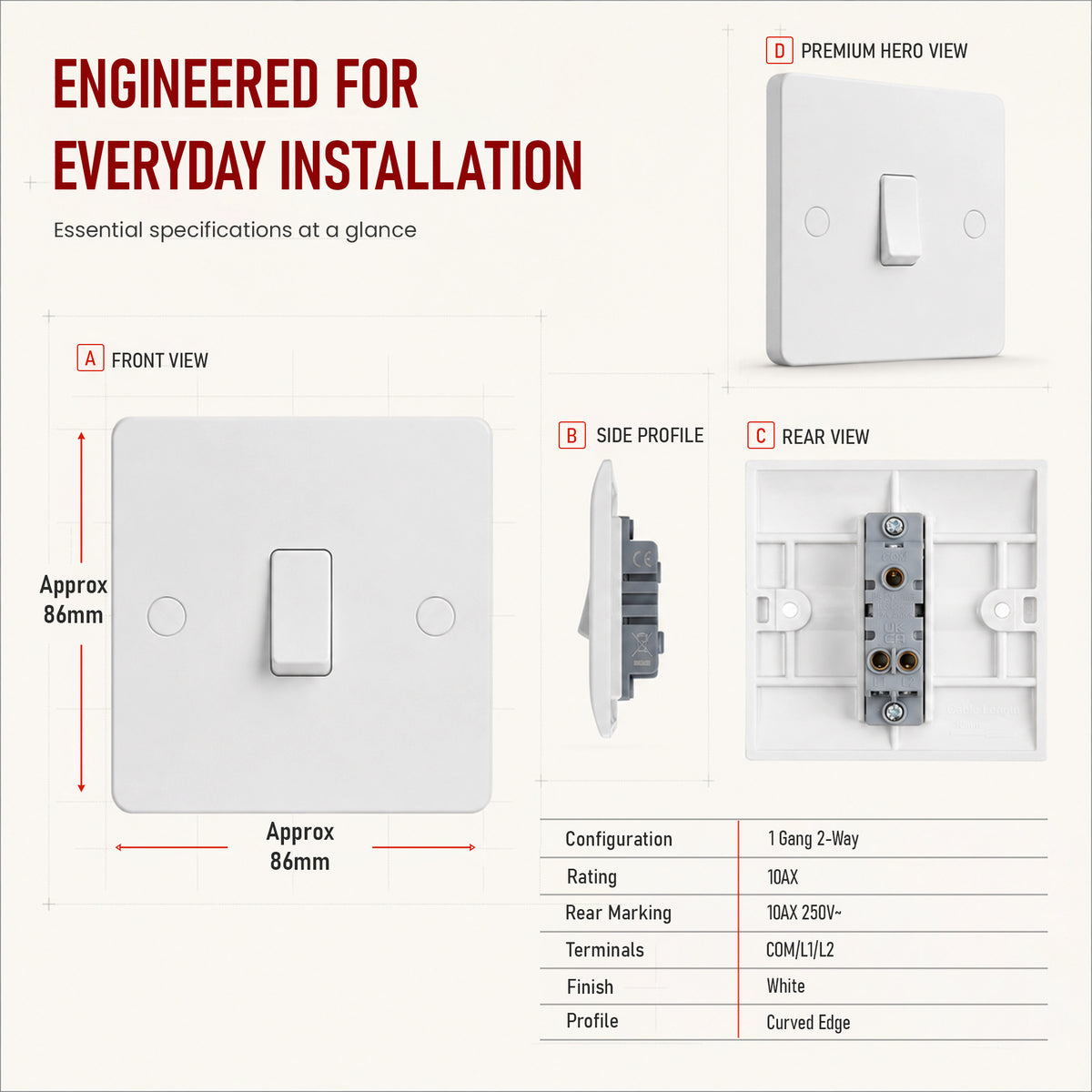 1, 2 & 3 Gang 2 Way White Light Switches – 250V AC ~1247