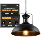 Black retro industrial ceiling pendant light with a metal barn-style dome lampshade and adjustable chain by DC Voltage, showing an illuminated warm E27 vintage bulb.