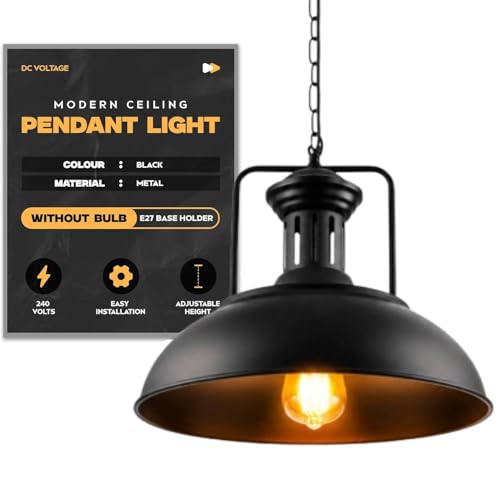 Black retro industrial ceiling pendant light with a metal barn-style dome lampshade and adjustable chain by DC Voltage, showing an illuminated warm E27 vintage bulb.