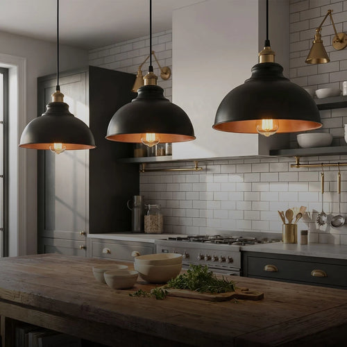 3 pack black industrial pendant lights with E27 metal shades