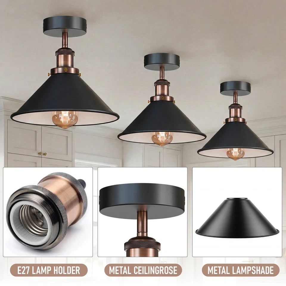 Industrial Semi Flush Ceiling Light – 22cm Cone Shade E27 ~1079