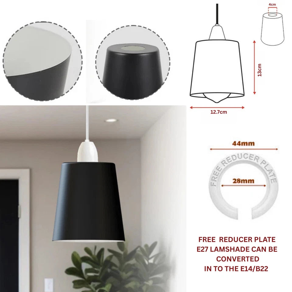 A black metal shade is shown with dimensional measurements and a diagram of a free reducer plate.