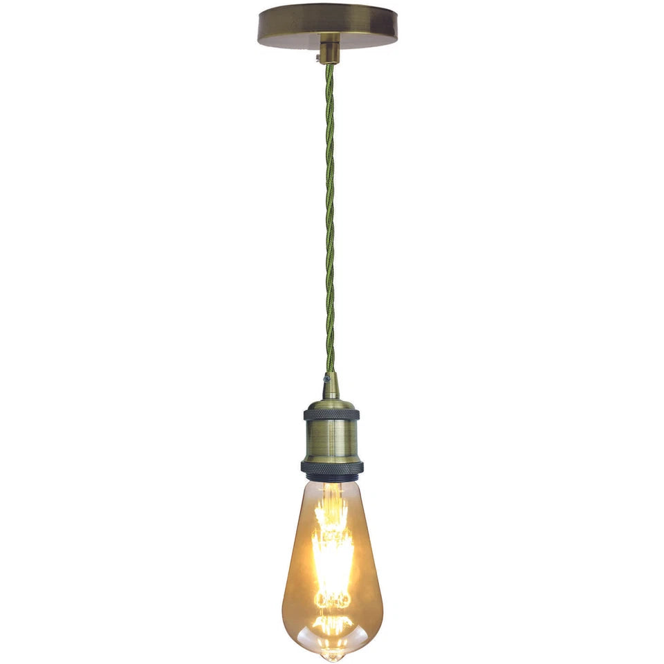Vintage Brass E27 Pendant Light Fitting – 195cm Twisted Fabric Cable ~1226