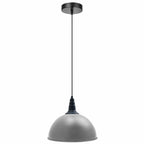 A grey pendant light hangs from a ceiling with a black cord and fitting, unlit, on a white background.