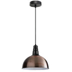 A modern industrial-style pendant light with a dark bronze metallic dome shade, a black cord, and a matching black ceiling canopy, shown against a plain white background.