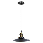 Black pendant light with gold accents on a white background